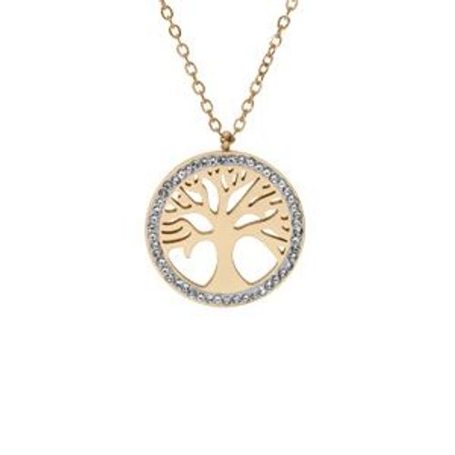 Collier Acier Pvd Doré Pendentif Arbre De Vie Résine Et Strass 39+4cm