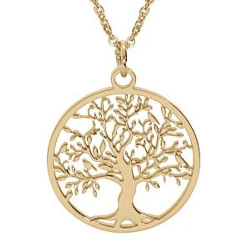 Collier Acier Pvd Doré Pendentif Rond Arbre De Vie Decoupe 25mm 40+5cm