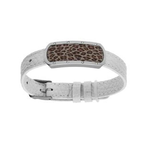 Bracelet Acier Et Cuir Bovin Blanc Motif Rectangulaire Avec Résine Léopard Réglable