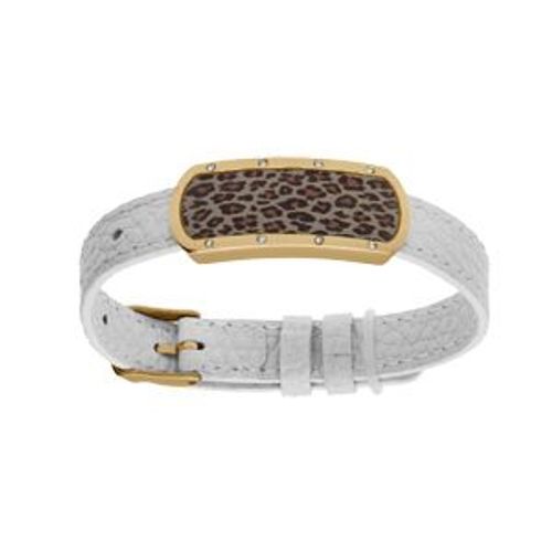 Bracelet Acier Et Pvd Doré Et Cuir Bovin Blanc Motif Rectangulaire Avec Résine Léopard Réglable