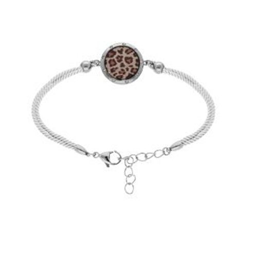 Bracelet Acier Cordon Blanc Motif Rond Avec Résine Léopard 16+3cm