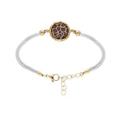 Bracelet Acier Et Pvd Doré Cordon Blanc Motif Rond Avec Résine Léopard 16+3cm