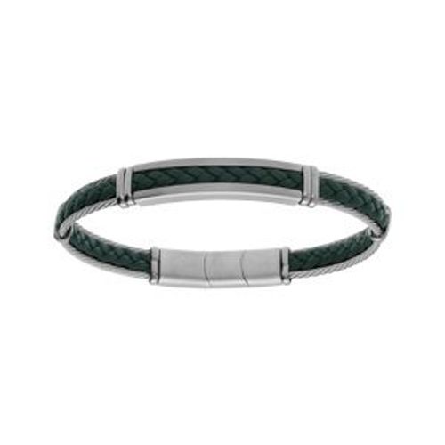 Bracelet Acier Et Cuir Noir Et Tresse Verte Avec Câble Gris 20+1cm Double Fermoir