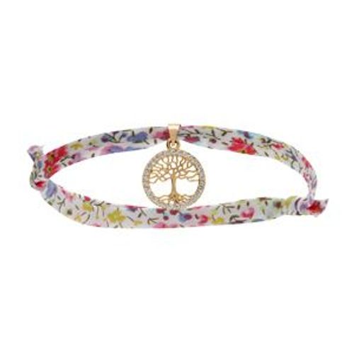 Bracelet Liberty Tissu Fleuri Rose 1 Pampille Arbre De Vie Oxydes Blancs Sertis Plaqué Or Réglable