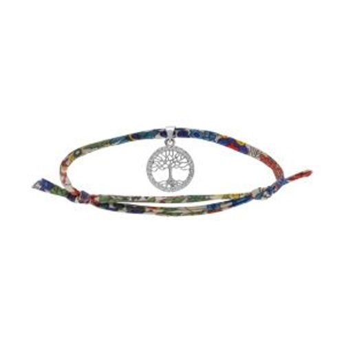 Bracelet Liberty Tissu Fleuri 1 Pampille Arbre De Vie Oxydes Blancs Sertis Argent Rhodié Réglable