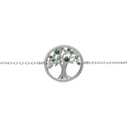 Bracelet Argent Rhodié Arbre De Vie Contour Perlé Avec Oxydes Verts 16+2cm