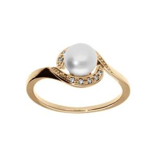 Bague Plaqué Or Perle De Culture D'eau Douce Avec Entourage Oxydes Blancs Sertis