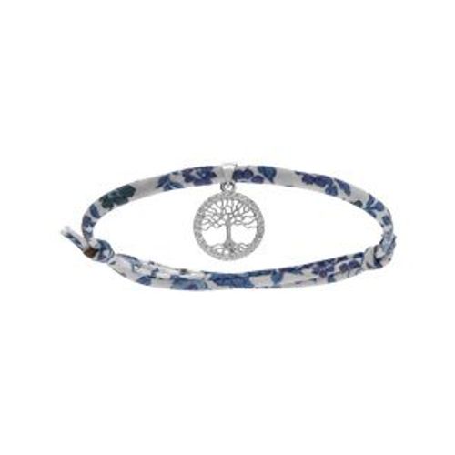 Bracelet Liberty Tissu Fleuri Bleu 1 Pampille Arbre De Vie Oxydes Blancs Sertis Argent Rhodié Réglable
