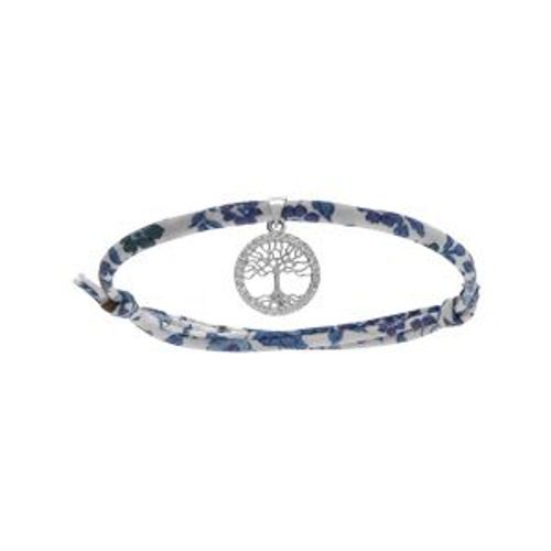 Bracelet Liberty Tissu Fleuri Bleu 1 Pampille Arbre De Vie Oxydes Blancs Sertis Argent Rhodié Réglable