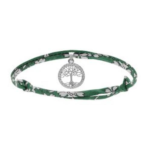 Bracelet Liberty Tissu Fleuri Vert 1 Pampille Arbre De Vie Oxydes Blancs Sertis Argent Rhodié Réglable