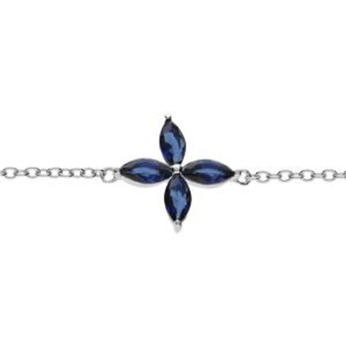Bracelet Argent Rhodié Fleur Verre Bleu Foncé 16+2cm