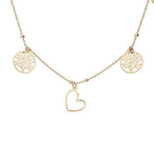 Collier Argent Et Dorure Jaune Pampilles Coeurs Et Arbre De Vie 40+5cm