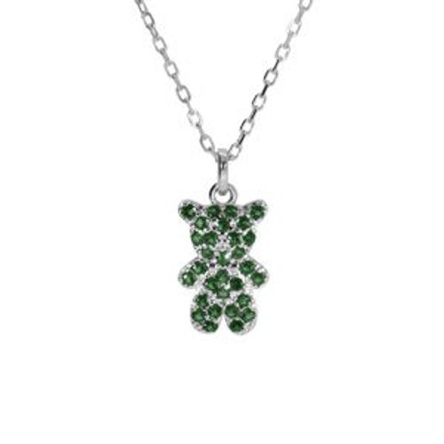 Collier Argent Rhodié Ourson Oxydes Verts 38+6cm