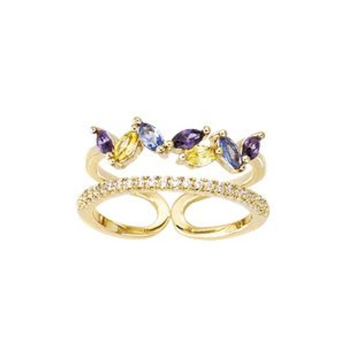 Bague Plaqué Or Double Rang Oxydes Violet Bleu Et Jaune