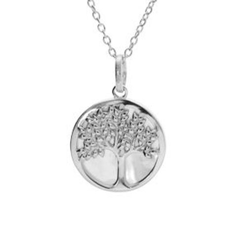 Collier Argent Rhodié Arbre De Vie Avec Nacre Blanche 42+3cm