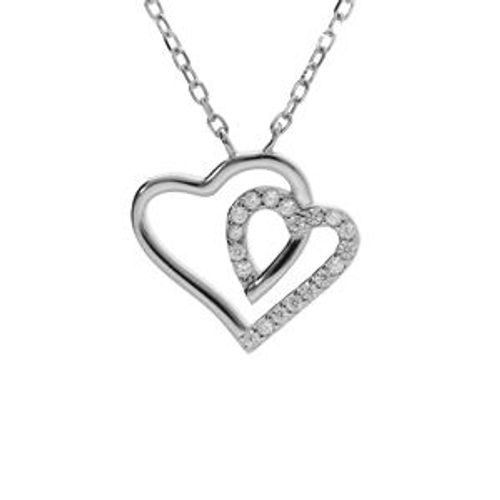 Collier Argent Rhodié Pendentif Double Coeur Contour Oxydes Blancs 42+3cm