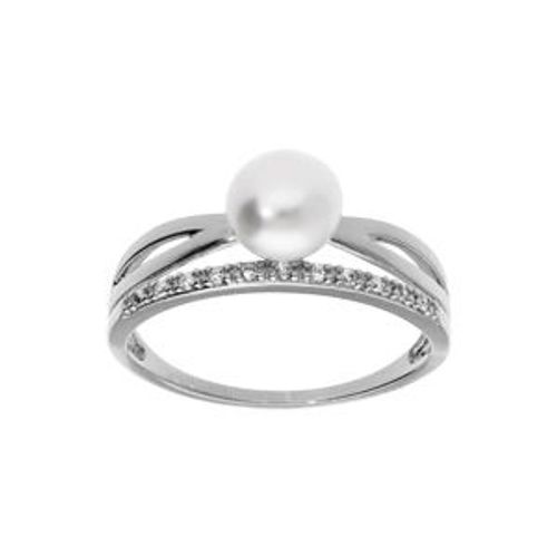 Bague Argent Platiné Croisé Perle De Culture D'eau Douce Et 1 Rail Oxydes Blancs Sertis