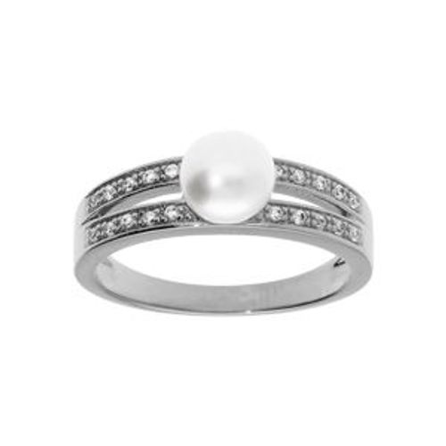 Bague Argent Rhodié Perle De Culture D'eau Douce Avec 2 Rangs Oxydes Blancs Sertis