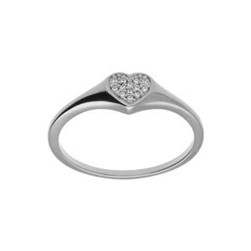 Bague Argent Platiné Petite Chevalière Coeur Pavé Oxydes Blancs Sertis