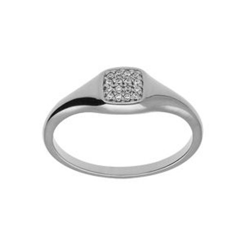 Bague Argent Platiné Petite Chevalière Pavé Forme Carré Oxydes Blancs Sertis