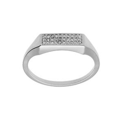 Bague Argent Platiné Petite Chevalière Pavé Forme Rectangulaire Oxydes Blancs Sertis