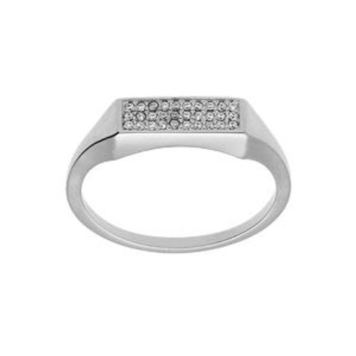 Bague Argent Platiné Petite Chevalière Pavé Forme Rectangulaire Oxydes Blancs Sertis