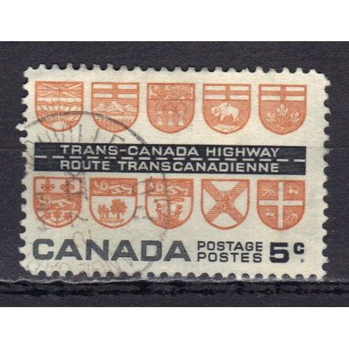 Canada 1962 : Inauguration De La Route Transcanadienne : Armoiries Des Dix Provinces - Timbre 5 C. Noir Et Brun-Jaune Oblitéré