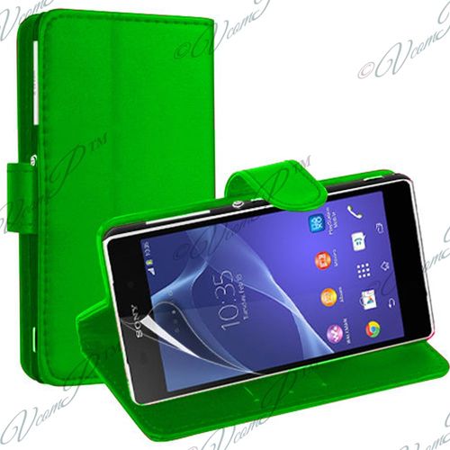 Etui Cuir Portefeuille Livre Housse Coque Pochette Book Support Vidéo  Vert Pour Sony Xperia M2/ M2 Dual