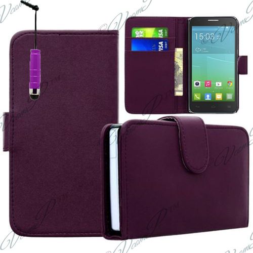 Etui Cuir Portefeuille Livre Housse Coque Pochette Book  + Stylet Violet Pour Alcatel One Touch Idol 2s