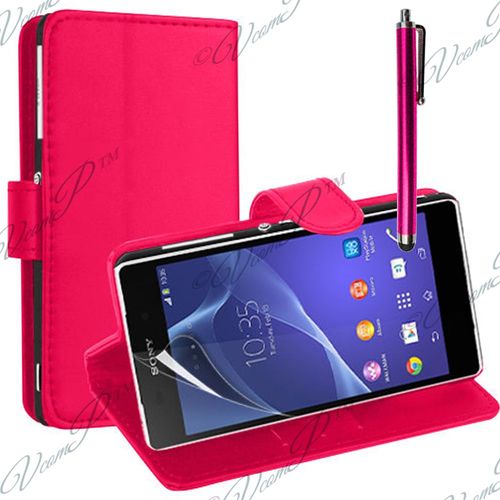 Sony Xperia M2/ M2 Dual D2303 D2305 D2306: Etui Portefeuille Livre Housse Coque Pochette Support Vidéo Cuir Pu+ Stylet- Rose