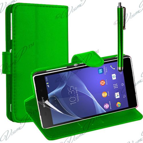 Sony Xperia M2/ M2 Dual D2303 D2305 D2306: Etui Portefeuille Livre Housse Coque Pochette Support Vidéo Cuir Pu+ Stylet- Vert