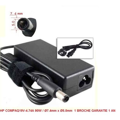 CHARGEUR ALIMENTATION COMPATIBLE POUR HP  19V-4.74A 90W / Ø7.4mm x Ø5.0mm  1 BROCHE GARANTIE 1 AN