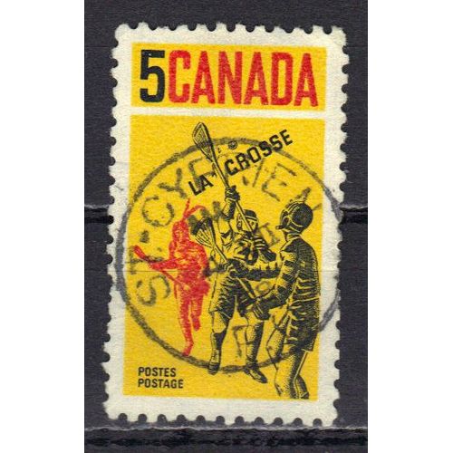 Canada 1968 : Jeu De La Crosse - Timbre 5 C. Jaune, Noir Et Rouge Oblitéré