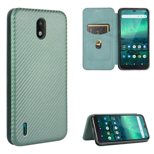 Étui Pour Nokia 1.3 Protection Complète Fibre De Carbone Magnétique Insertion De Carte Coque En Cuir Folio Flip Avec Porte-Cartes Kickstand - Vert