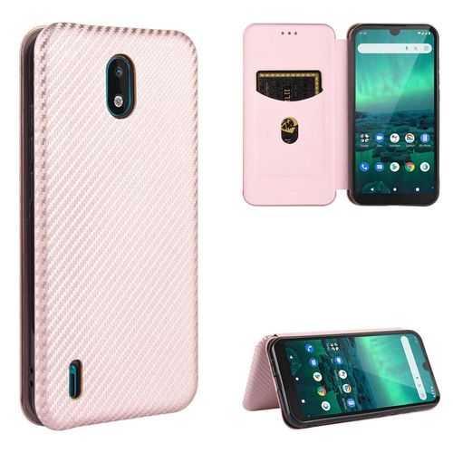 Étui Pour Nokia 1.3 Protection Complète Fibre De Carbone Magnétique Insertion De Carte Coque En Cuir Folio Flip Avec Porte-Cartes Kickstand - Couleur Rose
