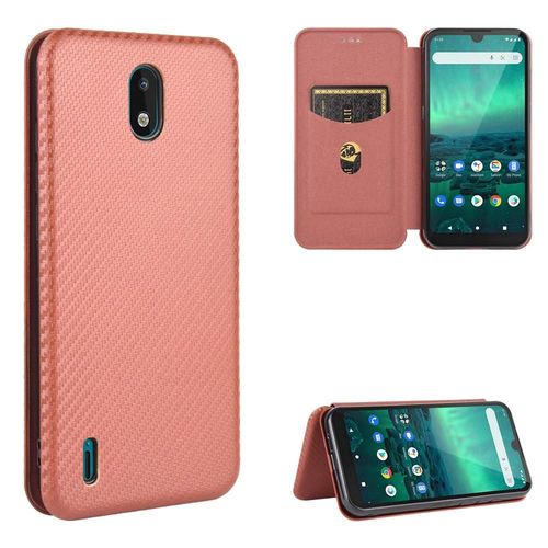 Étui Pour Nokia 1.3 Protection Complète Fibre De Carbone Magnétique Insertion De Carte Coque En Cuir Folio Flip Avec Porte-Cartes Kickstand - Le Brun