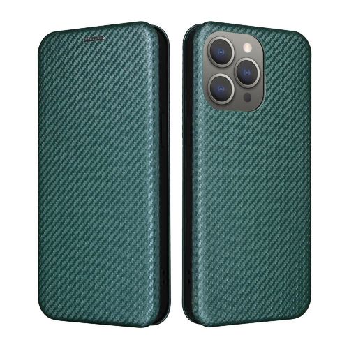 Étui Pour Iphone 15 Pro Max Insertion De Carte Coque En Cuir Folio Flip Fibre De Carbone Magnétique Protection Complète Avec Porte-Cartes Kickstand - Vert