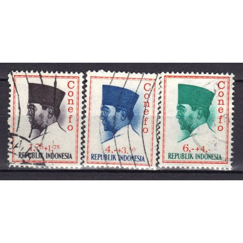 Indonesie 1965 : Président Sukarno - Série De 3 Timbres Oblitérés Surchargés Conefo