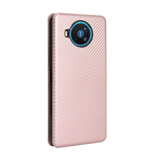 Étui Pour Nokia 8.3 Fibre De Carbone Magnétique Avec Porte-Cartes Kickstand Protection Complète Insertion De Carte Coque En Cuir Folio Flip - Couleur Rose
