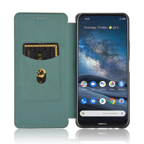 Étui Pour Nokia 8.3 Fibre De Carbone Magnétique Insertion De Carte Avec Porte-Cartes Kickstand Protection Complète Coque En Cuir Folio Flip - Bleu