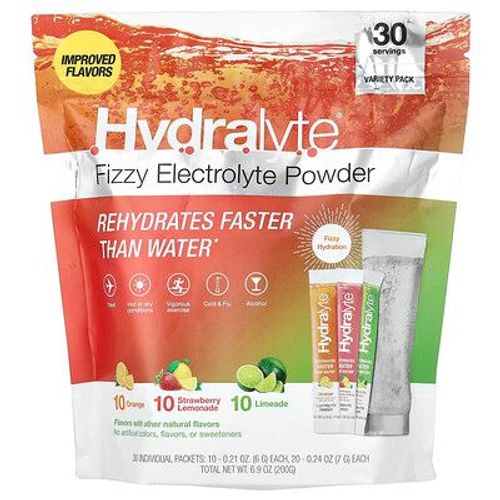 Hydralyte Poudre D'électrolytes Pétillantes, Assortiment, Orange, Limonade À La Fraise, Citronnade, 30 Sachets Individuels