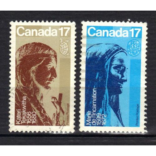 Canada 1981 : Batification De Religieuses Du Canada : Sculptures D'emile Brunet : Kateri Tekakwitha (1656-1680) / Marie Guyart (1599-1672) - Série Entière De 2 Timbres Oblitérés