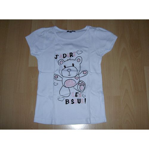 T-Shirt Tee Shirt Manches Courtes Col Rond Blanc Motif Ourson Ou Nounours Rose Et Noir J'adore Les Bisous Vynil Fraise Taille 10 Ans