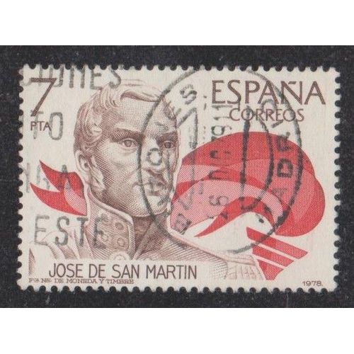 Timbre D'espagne N°2135 Y&t 7 P Brun, Rouge Et Rose Anniversaire De Libérateurs Général José De San Martin Libérateur Du Chili Et Du Pérou