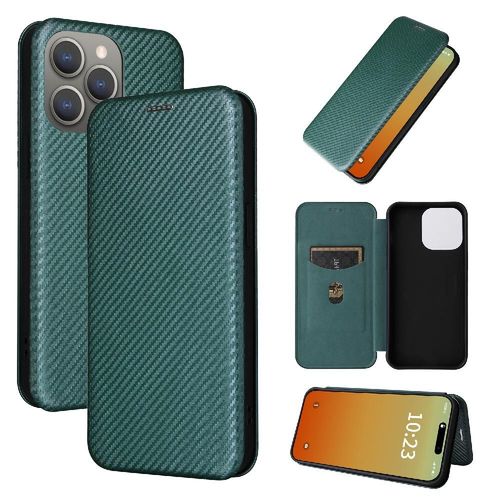 Étui Pour Iphone 15 Pro Max Protection Complète Insertion De Carte Avec Porte-Cartes Kickstand Coque En Cuir Folio Flip Fibre De Carbone Magnétique - Vert