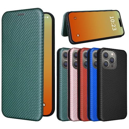 Étui Pour Iphone 15 Pro Max Insertion De Carte Fibre De Carbone Magnétique Protection Complète Coque En Cuir Folio Flip Avec Porte-Cartes Kickstand - Vert