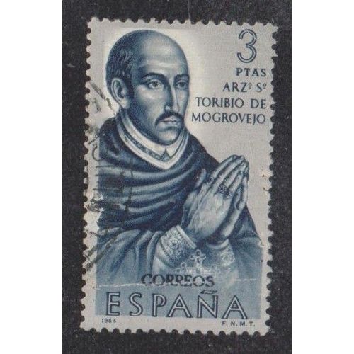 Timbre D'espagne N°1292 Y&t 3 P Bleu Foncé Et Gris Les Conquérants De L'amérique Archevêque Toribio De Mogrovejo