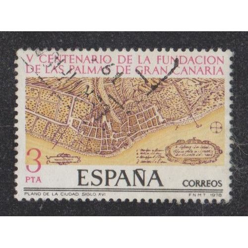 Timbre D'espagne N°2123 Y&t 3 P Polychrome 5ème Centenaire De Las Palmas Grande Canarie Plan De La Ville