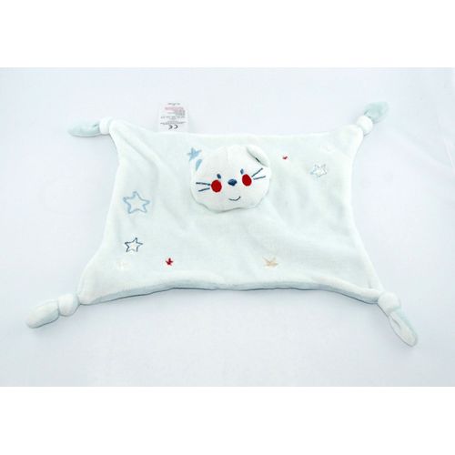 Absorba Doudou Chat Plat Carré Bleu Rouge Broderie Étoile 4 Noeuds