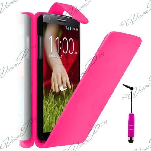 Lg G2 D802/ D803/ Vs980: Etui Housse Coque Pochette Simili Cuir+ Stylet- Rose